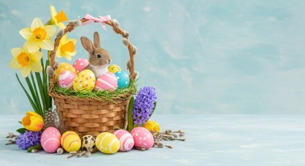 Easter Bunny with Eggs and Spring Flowers in Basket