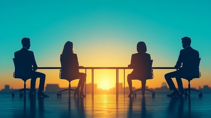 Obraz premium Business meeting at sunset with diverse professionals silhouetted against a vibrant sky