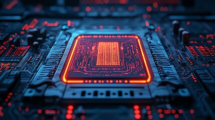 Futuristic circuit board close-up view.