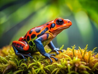 Fototapeta premium Vibrant Ranitomeya Fantastica Varodero Poison Frog on Lush Green Moss Close-up