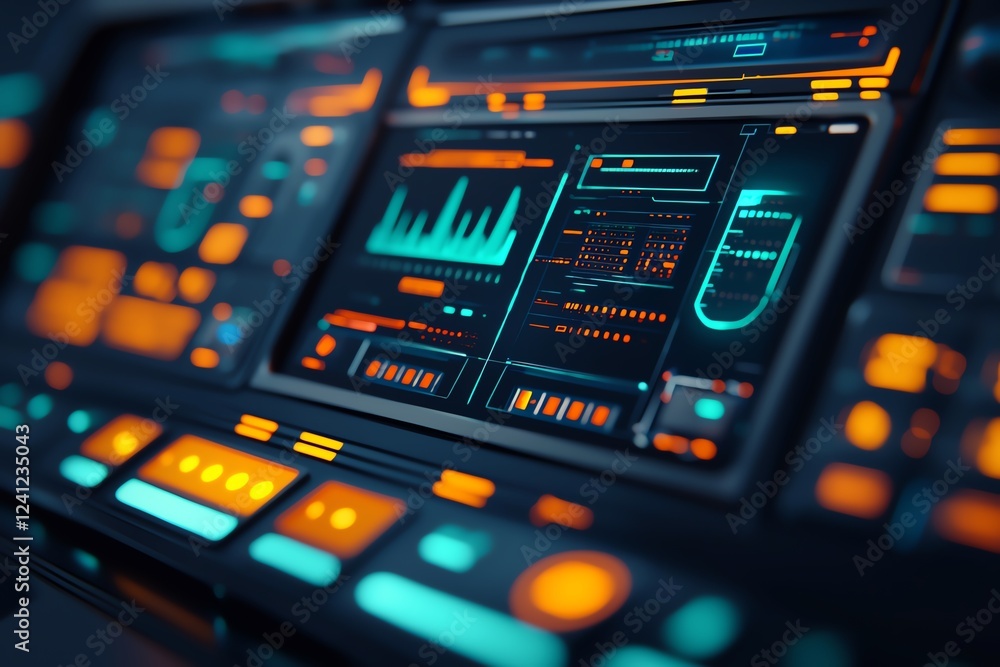 Poster futuristic dashboard with vibrant data display.
