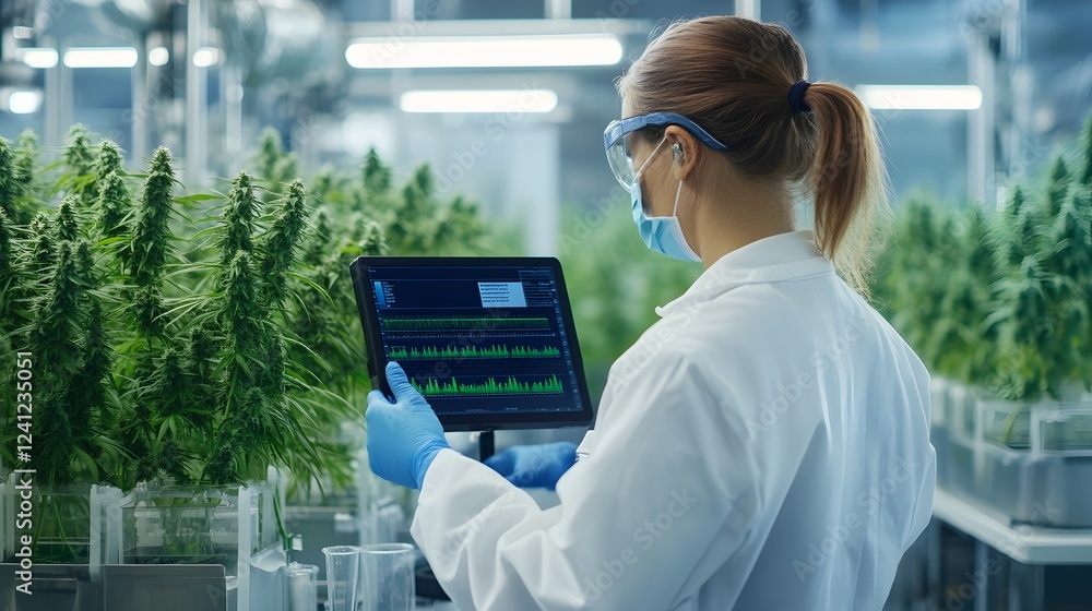 Poster technician monitoring cbd oil extraction process with digital interface and lab equipment