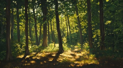 Fototapeta premium Sunlit Path Through A Lush Green Forest