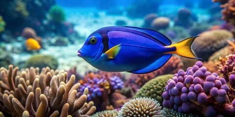 Obraz premium Colorful Blue Fish Swimming Among Vibrant Coral Reef Underwater