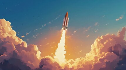 Fototapeta premium Rocket launch. Space ship launches, simple spaceship on start. New project or business, cartoon flat shuttle fly in sky utter vector background
