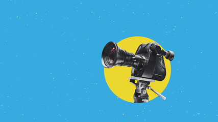 Retro film camera. Vintage cinema poster. Contemporary flat design art collage.