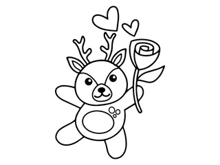 Valentine Day Deer Holding Rose Outline