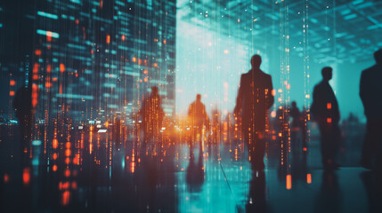 Fototapeta premium Group of business people silhouettes in modern office building and business network concept. Human resources with pastel innovation charts and graphs with statistics to analyze business