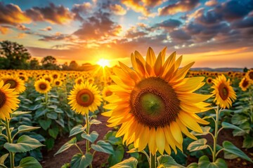 Fototapeta premium Vibrant Sunflowers at Sunrise: Golden Field of Flowers in Early Morning Light