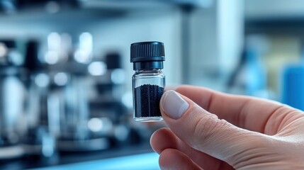 A closeup shot of a hand holding a small vial filled with a black powder representing synthesized graphene with a shiny reflective surface that hints at its exceptional properties surrounded