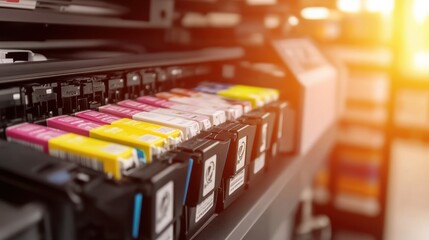 Close-Up of Colorful Printer Ink Cartridges in Modern Office Setting