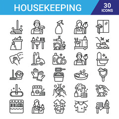  Housekeeping line icons. Laundry, Window sponge and Vacuum cleaner icons. Washing machine, Housekeeping service and Maid cleaner equipment. Window cleaning, Wipe off, laundry vector icons