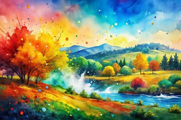 Vibrant Watercolor Landscape: Playful Yellow, Green, Blue, Red, Orange Hues