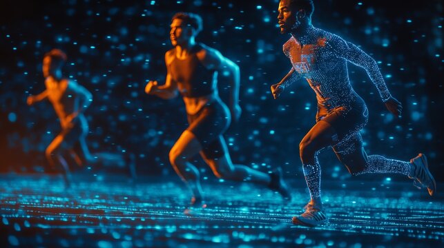 Futuristic digital race scene with three young male runners