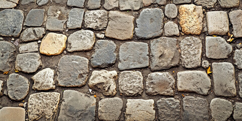 Obraz premium Antique cobblestone street background with worn-out irregular stones, medieval and rustic feel.