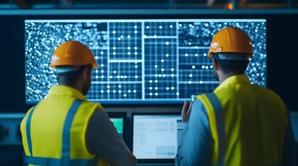 Technicians Monitoring Holographic Solar Energy Grid in Control Room
