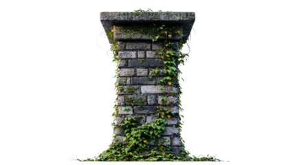 Tall stone column covered in green ivy in a natural outdoor setting with clear blue sky