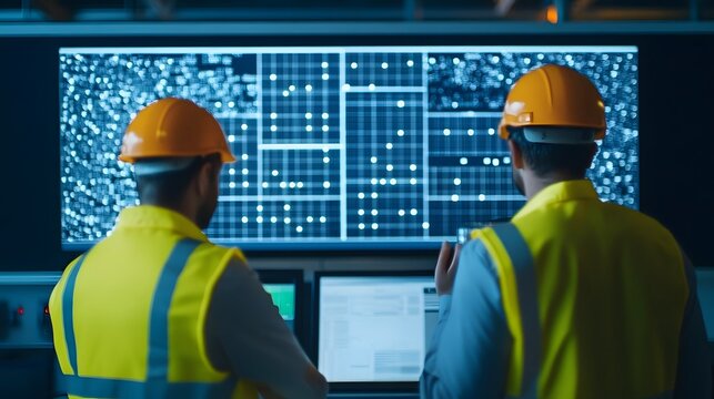 Technicians Monitoring Holographic Solar Energy Grid in Control Room - Powered by Adobe