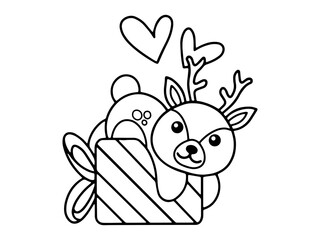 Valentine Day Deer Holding Gift Line Art
