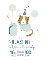Vector template children's birthday party invitation. Cute tiger astronaut, cake, balloons, confetti. Kids space party. Happy Birthday kids card. Newborn party. Celebration. Scandinavian. Blast off.
