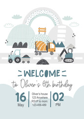Vector invitation template for kid's birthday party with construction vehicles. Cute cartoon building cars, transportation. Invitation design. Baby boy. Tractor, crane, truck, excavator. Newborn.