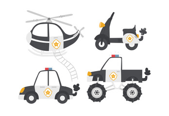 Vector illustration of cute police transportation. Helicopter, moped, car, monstertruck. Set of police vehicles for children. Police station. Emergency. Patrol car. © ZHUKO