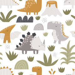 Vector seamless pattern with cute dinosaurs, tropical leaves, volcano, hills and plants. Jurassic. Triceratops, raptor, pterodactyl. Creative kids texture for fabric, wrapping, textile, wallpaper. © ZHUKO