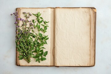 Herbs on an open book with blank pages.