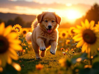 "Joyful Golden Retriever Puppy Running Through a Sunlit Sunflower Field"