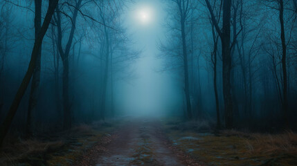 Fototapeta premium Mysterious moonlit foggy forest path at night with eerie atmosphere
