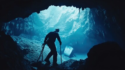 Obraz premium A lone explorer navigates a mysterious cave, illuminated by ethereal blue light, revealing hidden treasures
