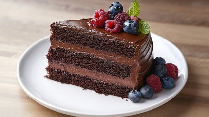 Delicious Chocolate Layer Cake with Fresh Berries and Mint Garnish A delectable treat perfect for any occasion, showcasing rich chocolate layers and vibrant berry accents.
