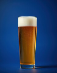 A glass of light beer, nearly full, rests on a solid blue surface