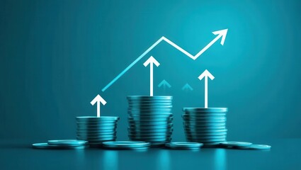 Stock market and business. Financial growth depicted through rising coins and an upward arrow on a blue background.