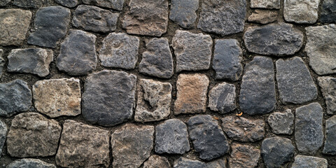 Antique cobblestone street background with worn-out irregular stones, medieval and rustic feel.