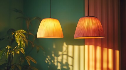 Two pendant lamps illuminate a room with a plant and curtains, casting warm light and shadows.