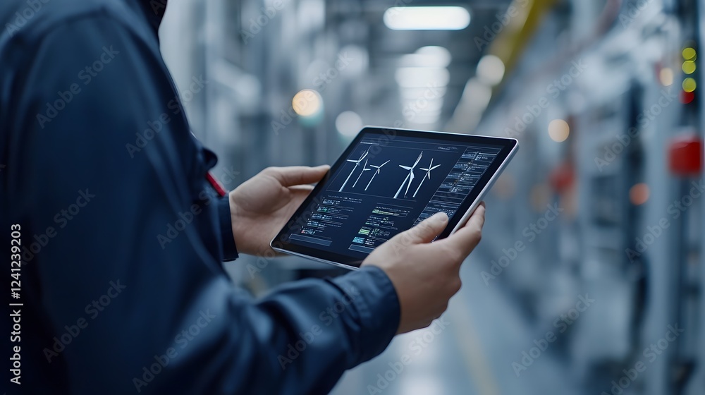 Poster holographic wind turbines displayed on digital tablet held by engineer in industrial setting