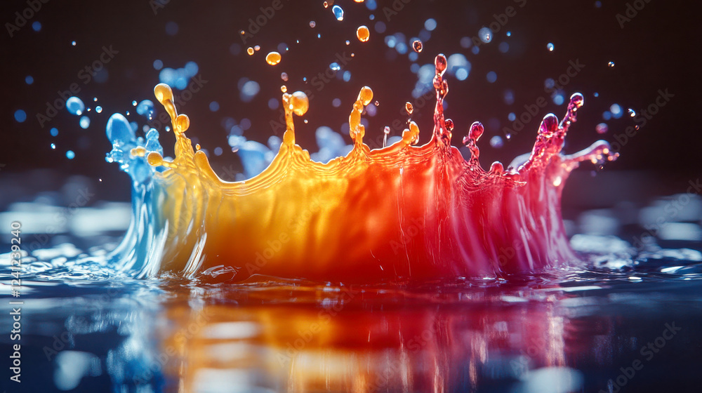 Poster a dynamic splash of colorful liquid in motion, creating a stunning abstract composition against a wa