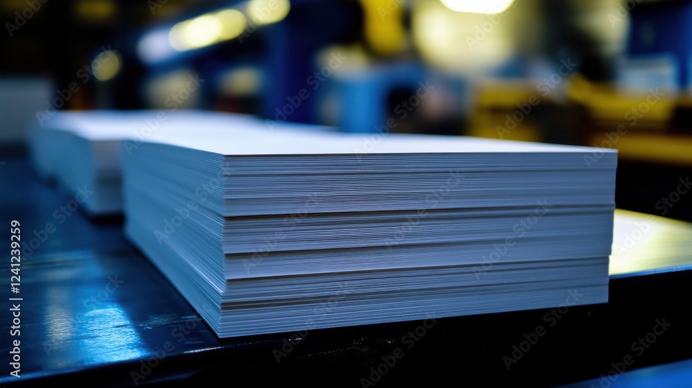 Poster close-up view of stacked blank sheets of paper in warehouse setting