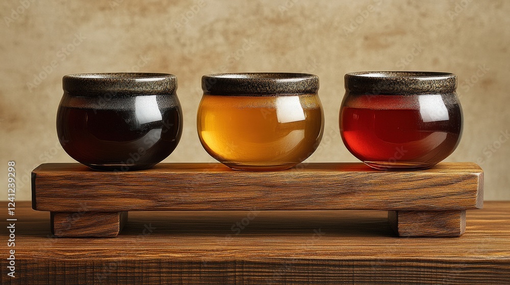 Poster three jars of honey in varying colors displayed on a wooden stand against a textured background