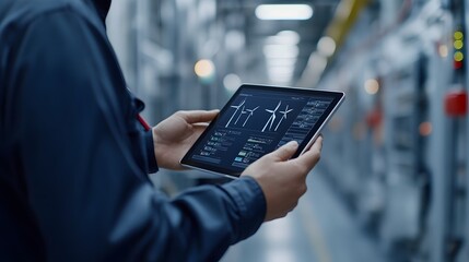 Holographic Wind Turbines Displayed on Digital Tablet Held by Engineer in Industrial Setting