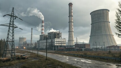 Obraz premium Industrial power plant with smokestacks under a grey sky, smokestacks, landscape, industrial buildings, brown river, urban environment