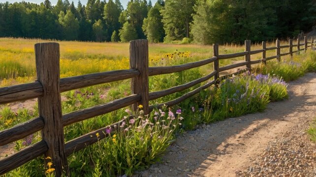 A simple wooden fence along a gravel path, with wildflowers growing beside it.