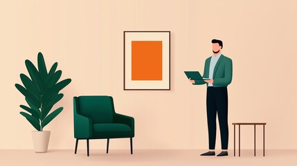 Man reading in stylish living room setting.