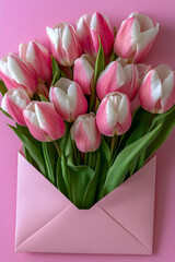 A pastel pink tulip bouquet arranged in a matching envelope for spring, a delicate Women's Day-themed composition