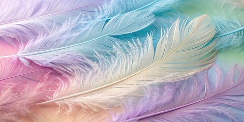 Obraz premium Iridescent pastel feathers blend seamlessly into an ombre background, subtle sparkle, shimmering texture