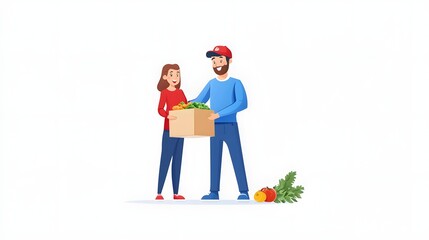 Vibrant and modern food delivery service concept featuring a courier handing over a steaming meal to a happy customer at their doorstep in a urban city setting