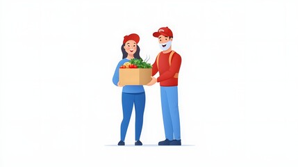 Vibrant and modern food delivery service concept featuring a professional courier handing over a steaming hot and freshly prepared meal to a happy and satisfied customer at their doorstep