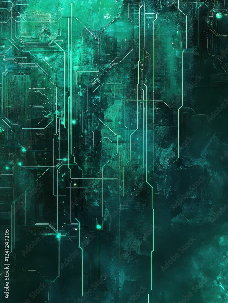 Poster abstract tech background featuring a circuit board design with glowing lines and nodes, blending sha