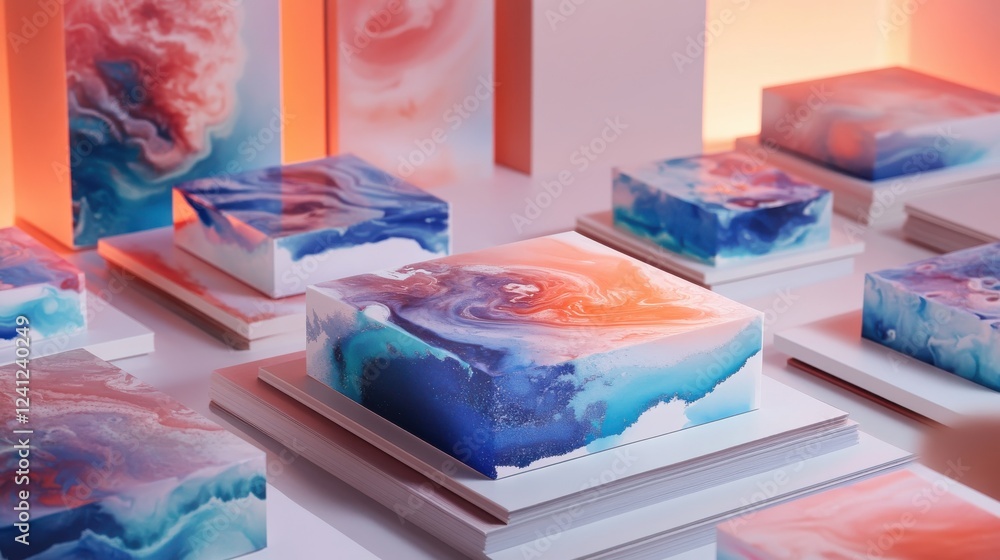 Poster colorful abstract patterns on display with soft lighting effects